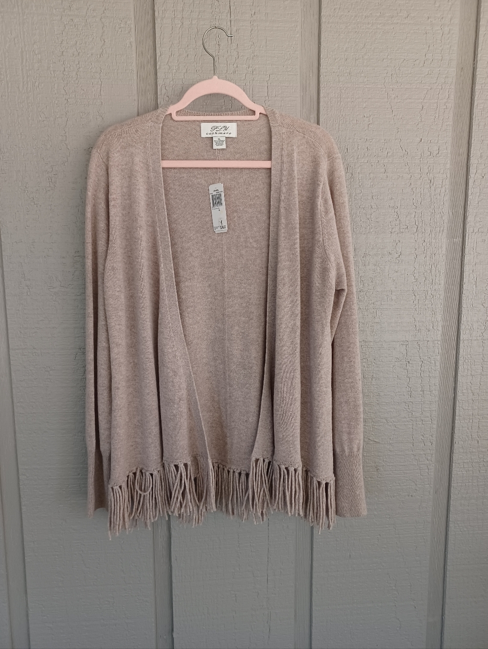 Ply Cashmere Open Front Fringed Open Cardigan Size XL Women Light Mink Heather